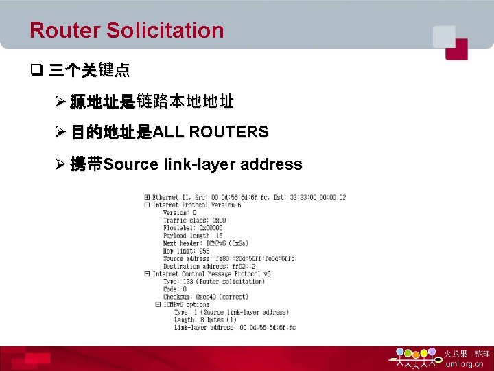 Router Solicitation q 三个关键点 Ø 源地址是链路本地地址 Ø 目的地址是ALL ROUTERS Ø 携带Source link-layer address 
