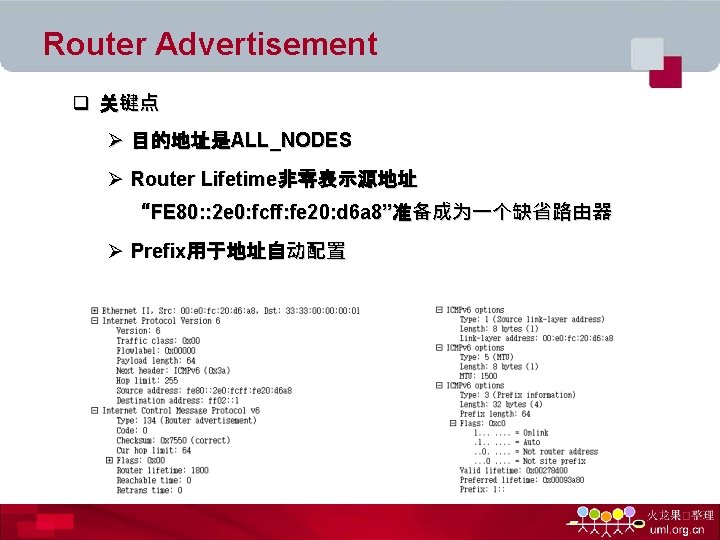 Router Advertisement q 关键点 Ø 目的地址是ALL_NODES Ø Router Lifetime非零表示源地址 “FE 80: : 2 e