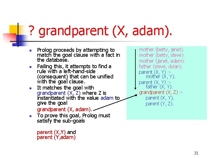 ? grandparent (X, adam). n n Prolog proceeds by attempting to match the goal