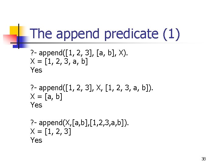 The append predicate (1) ? - append([1, 2, 3], [a, b], X). X =