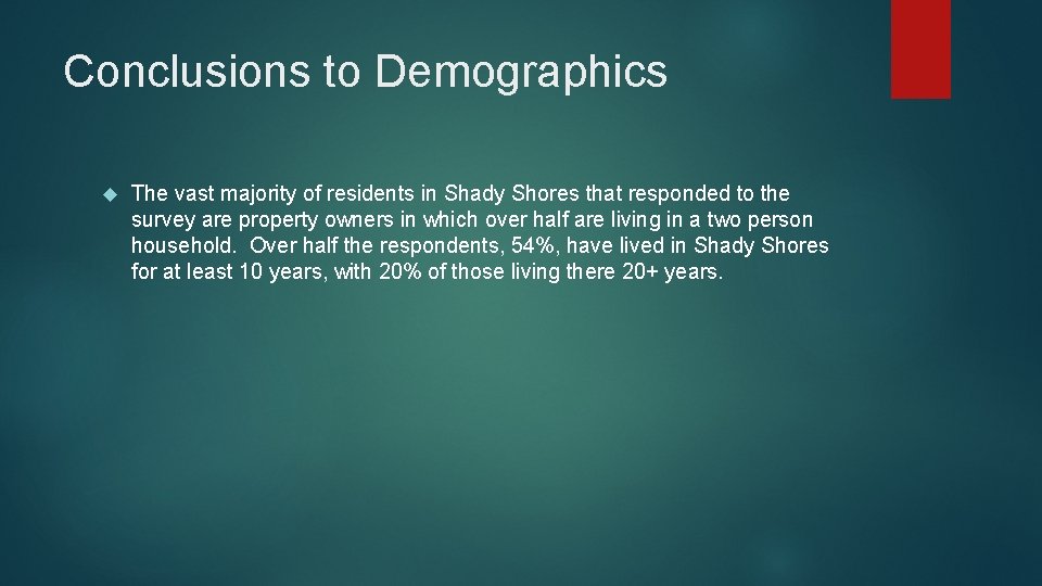 Conclusions to Demographics The vast majority of residents in Shady Shores that responded to