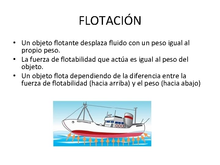 FLOTACIÓN • Un objeto flotante desplaza fluido con un peso igual al propio peso.