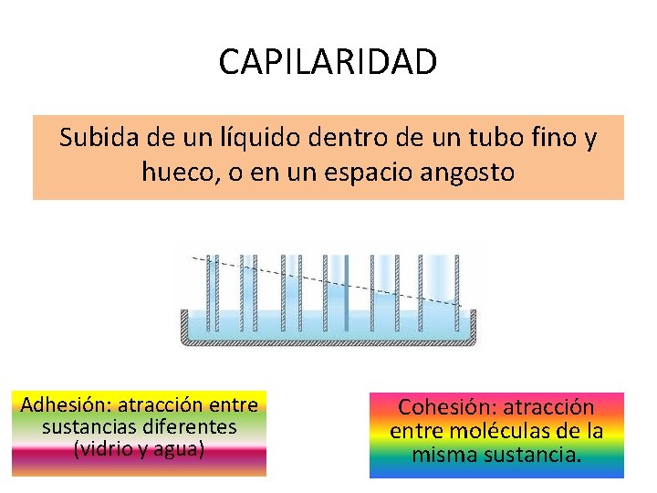 CAPILARIDAD Subida de un líquido dentro de un tubo fino y hueco, o en