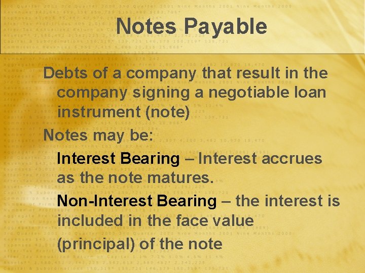 Notes Payable Debts of a company that result in the company signing a negotiable