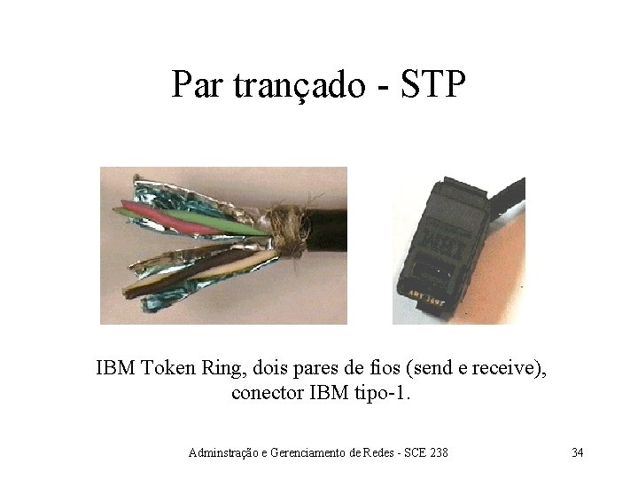 Par trançado - STP IBM Token Ring, dois pares de fios (send e receive),