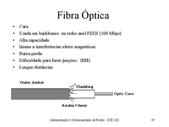 Fibra Óptica • • Cara Usada em backbones ou redes anel FDDI (100 Mbps)