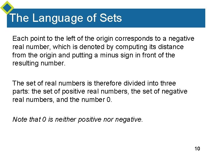 The Language of Sets Each point to the left of the origin corresponds to