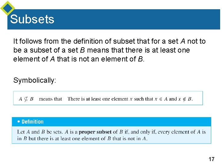 Subsets It follows from the definition of subset that for a set A not