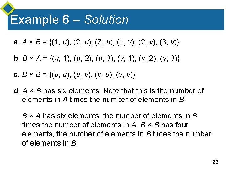 Example 6 – Solution a. A × B = {(1, u), (2, u), (3,