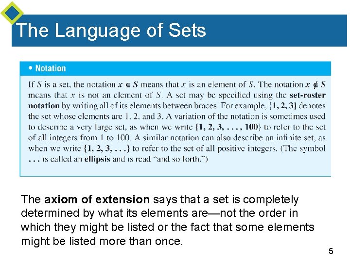 The Language of Sets The axiom of extension says that a set is completely