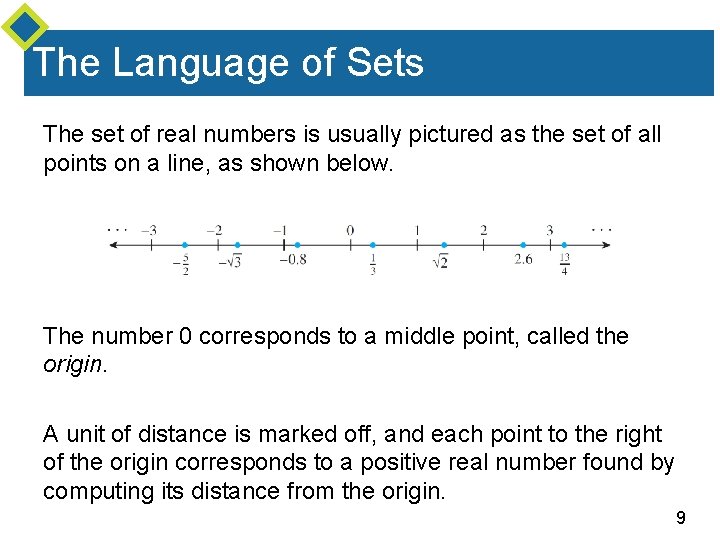 The Language of Sets The set of real numbers is usually pictured as the