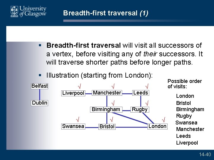 Breadth-first traversal (1) § Breadth-first traversal will visit all successors of a vertex, before