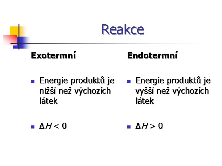 Reakce Exotermní n n Energie produktů je nižší než výchozích látek ∆H < 0
