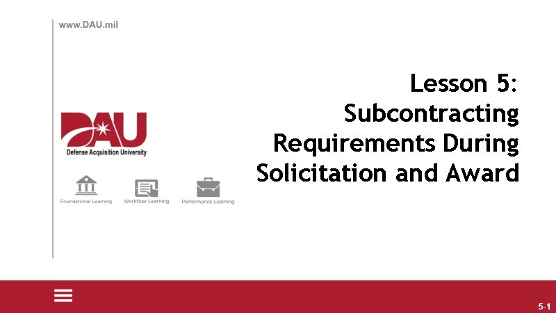 Lesson 5: Subcontracting Requirements During Solicitation and Award 5 -1 