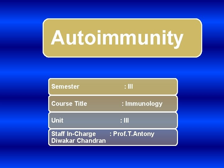 Autoimmunity Semester : III Course Title : Immunology Unit : III Staff In-Charge :