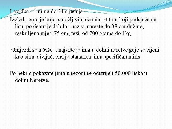 Lovidba : 1. rujna do 31. siječnja. Izgled : crne je boje, s uočljivim