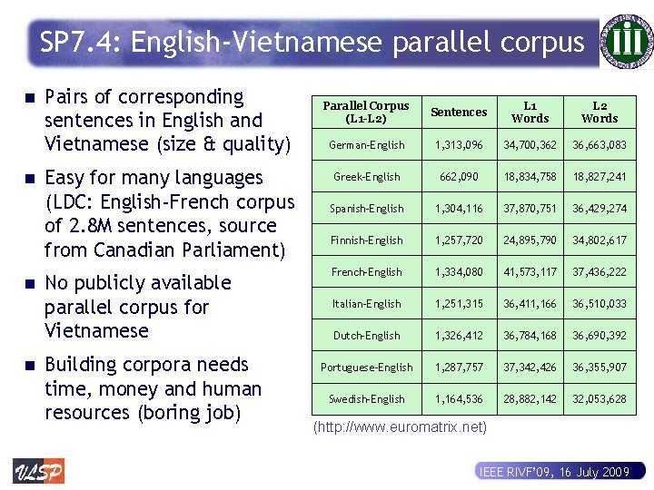 SP 7. 4: English-Vietnamese parallel corpus n n Pairs of corresponding sentences in English