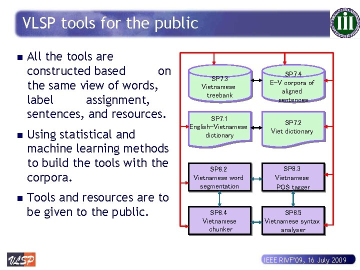 VLSP tools for the public n n n All the tools are constructed based