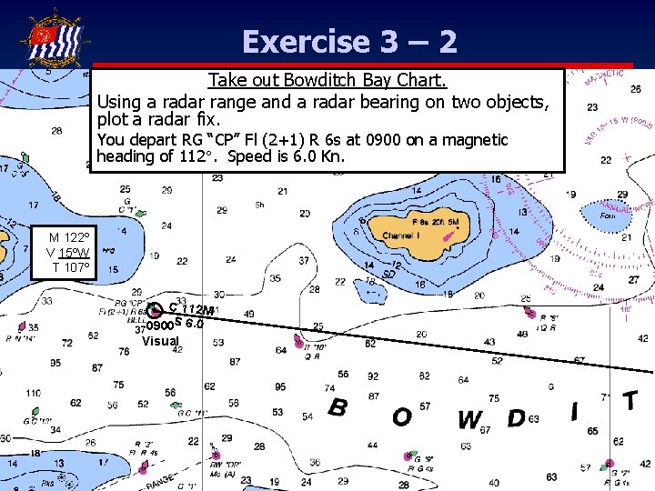 Exercise 3 – 2 Take out Bowditch Bay Chart. Using a radar range and