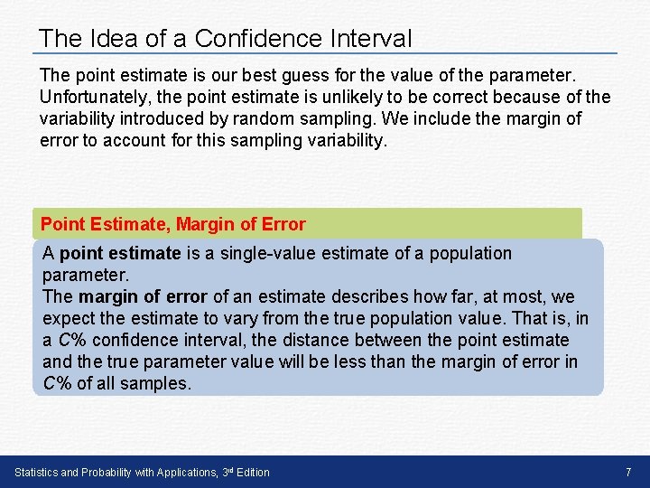 The Idea of a Confidence Interval The point estimate is our best guess for