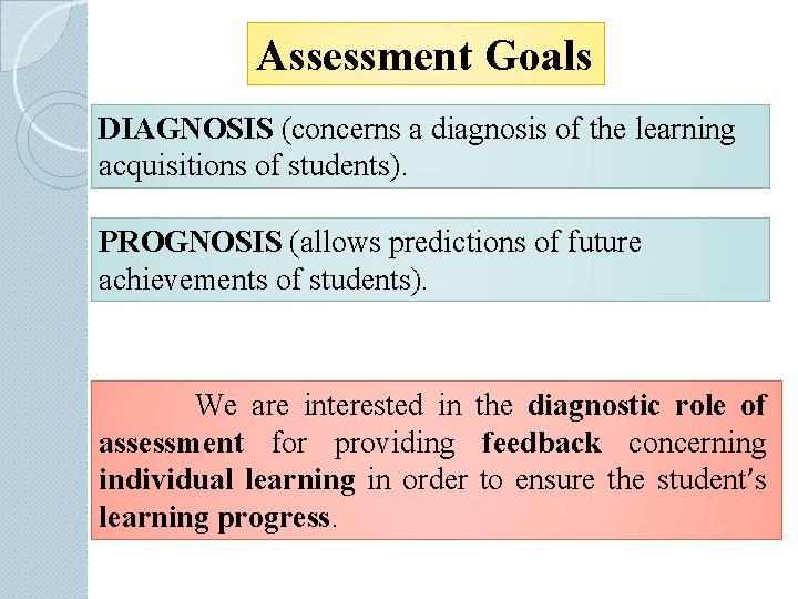 Assessment Goals DIAGNOSIS (concerns a diagnosis of the learning acquisitions of students). PROGNOSIS (allows