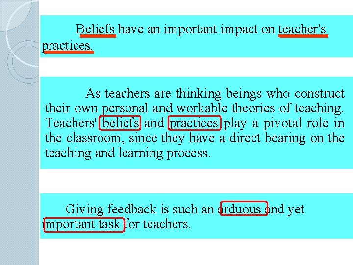 Beliefs have an important impact on teacher's practices. As teachers are thinking beings who