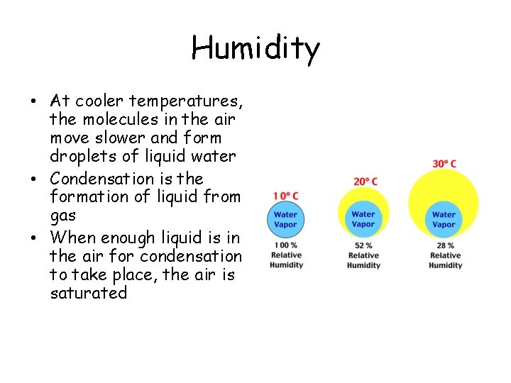 Humidity • At cooler temperatures, the molecules in the air move slower and form Humidity • At cooler temperatures, the molecules in the air move slower and form