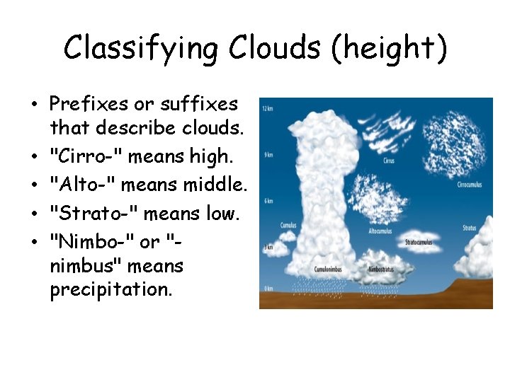 Classifying Clouds (height) • Prefixes or suffixes that describe clouds. • "Cirro-" means high. Classifying Clouds (height) • Prefixes or suffixes that describe clouds. • "Cirro-" means high.