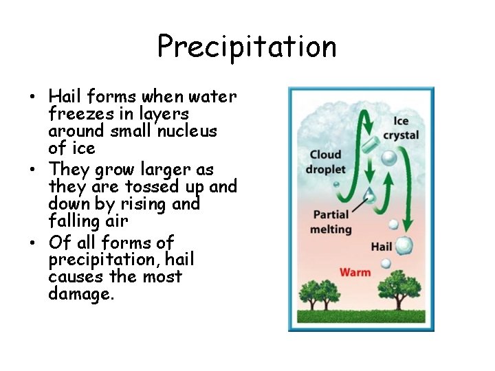 Precipitation • Hail forms when water freezes in layers around small nucleus of ice Precipitation • Hail forms when water freezes in layers around small nucleus of ice