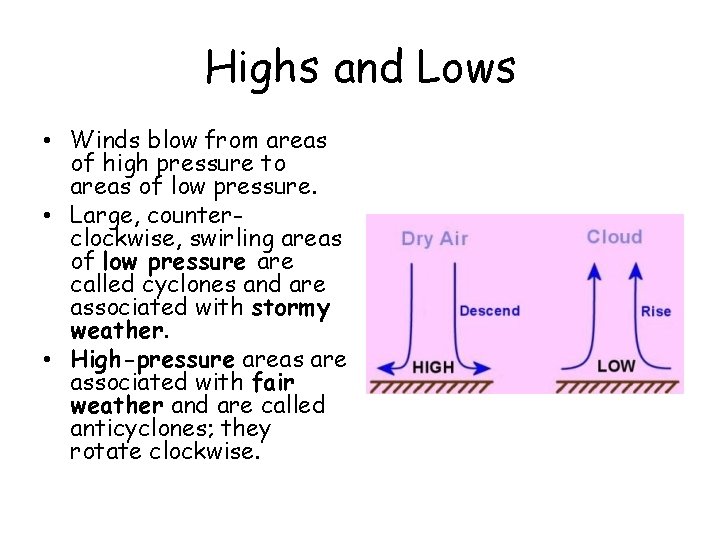 Highs and Lows • Winds blow from areas of high pressure to areas of Highs and Lows • Winds blow from areas of high pressure to areas of