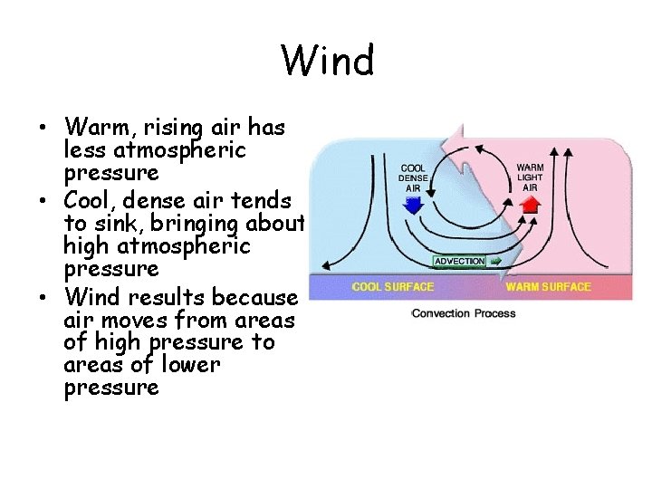 Wind • Warm, rising air has less atmospheric pressure • Cool, dense air tends Wind • Warm, rising air has less atmospheric pressure • Cool, dense air tends