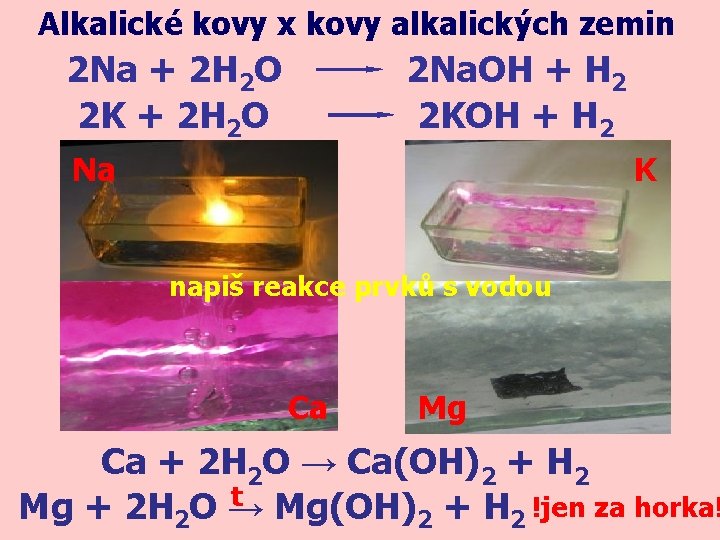 Alkalické kovy x kovy alkalických zemin 2 Na + 2 H 2 O 2