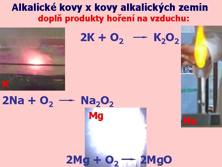 Alkalické kovy x kovy alkalických zemin doplň produkty hoření na vzduchu: 2 K +