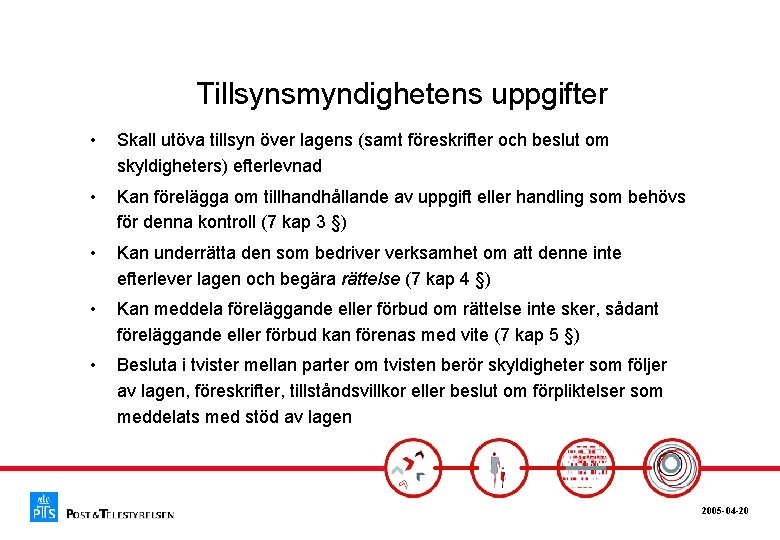 Tillsynsmyndighetens uppgifter • Skall utöva tillsyn över lagens (samt föreskrifter och beslut om skyldigheters)