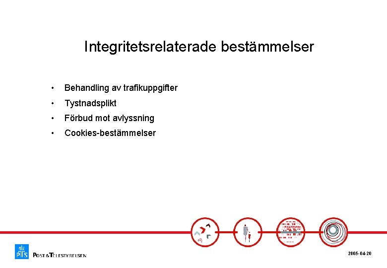 Integritetsrelaterade bestämmelser • Behandling av trafikuppgifter • Tystnadsplikt • Förbud mot avlyssning • Cookies-bestämmelser