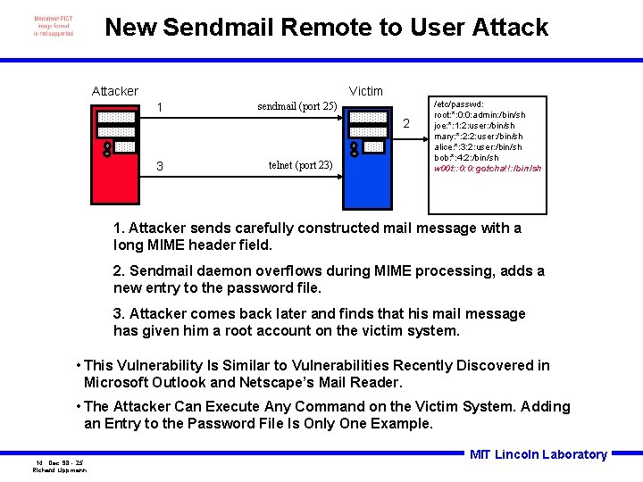 New Sendmail Remote to User Attacker Victim 1 sendmail (port 25) 2 3 telnet