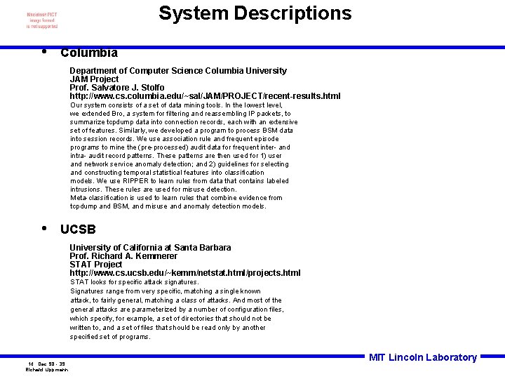 System Descriptions • Columbia Department of Computer Science Columbia University JAM Project Prof. Salvatore