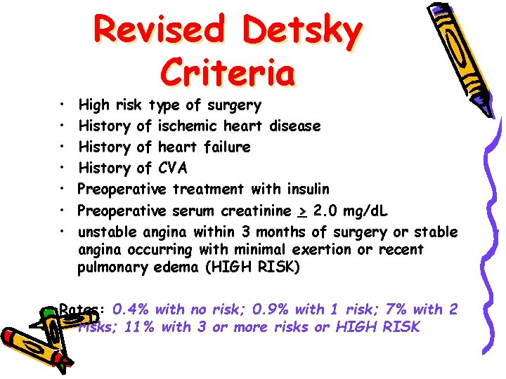  • • Revised Detsky Criteria High risk type of surgery History of ischemic