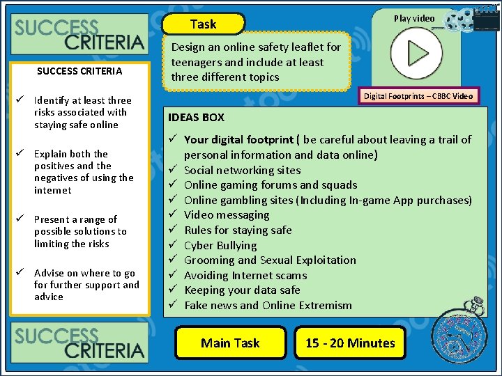 Play video Task SUCCESS CRITERIA ü Identify at least three risks associated with staying