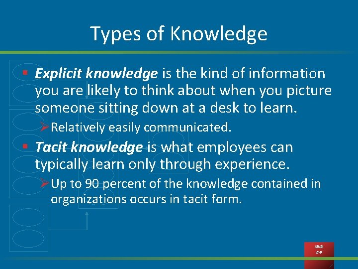 Types of Knowledge § Explicit knowledge is the kind of information you are likely