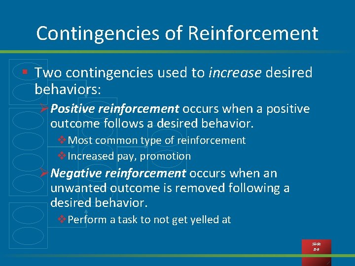 Contingencies of Reinforcement § Two contingencies used to increase desired behaviors: ØPositive reinforcement occurs