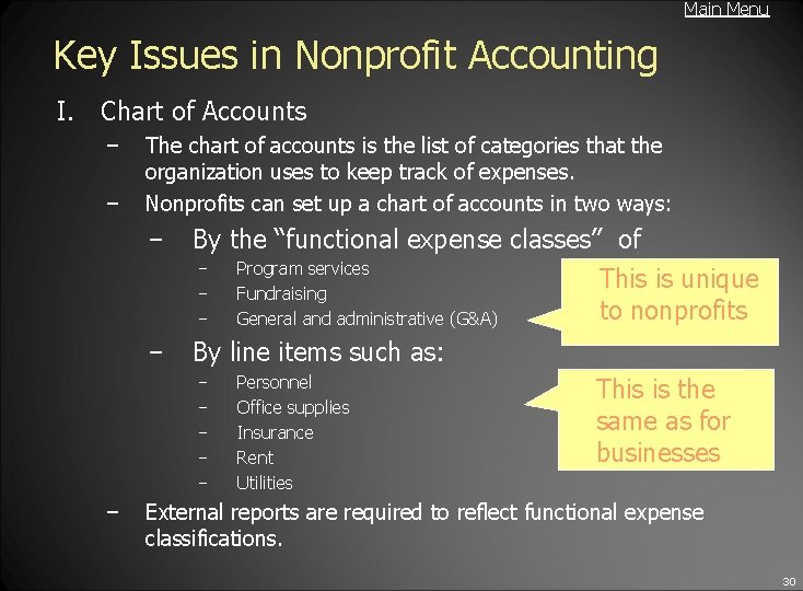 Main Menu Key Issues in Nonprofit Accounting I. Chart of Accounts − − The