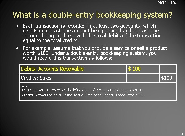 Main Menu What is a double-entry bookkeeping system? • Each transaction is recorded in