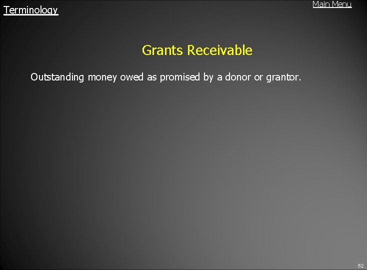 Main Menu Terminology Grants Receivable Outstanding money owed as promised by a donor or