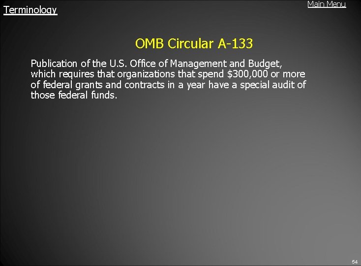 Main Menu Terminology OMB Circular A-133 Publication of the U. S. Office of Management