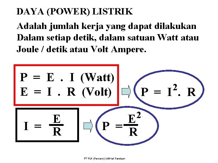 DAYA (POWER) LISTRIK Adalah jumlah kerja yang dapat dilakukan Dalam setiap detik, dalam satuan