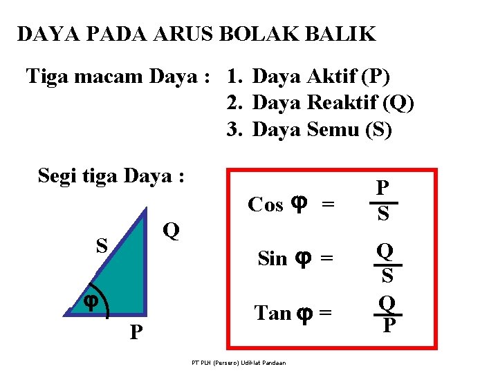 DAYA PADA ARUS BOLAK BALIK Tiga macam Daya : 1. Daya Aktif (P) 2.