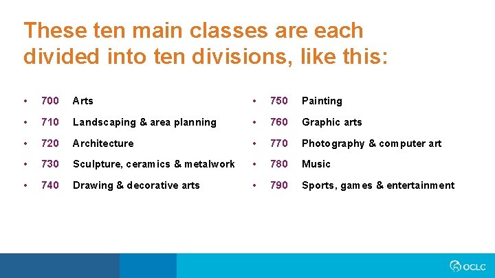 These ten main classes are each divided into ten divisions, like this: • 700