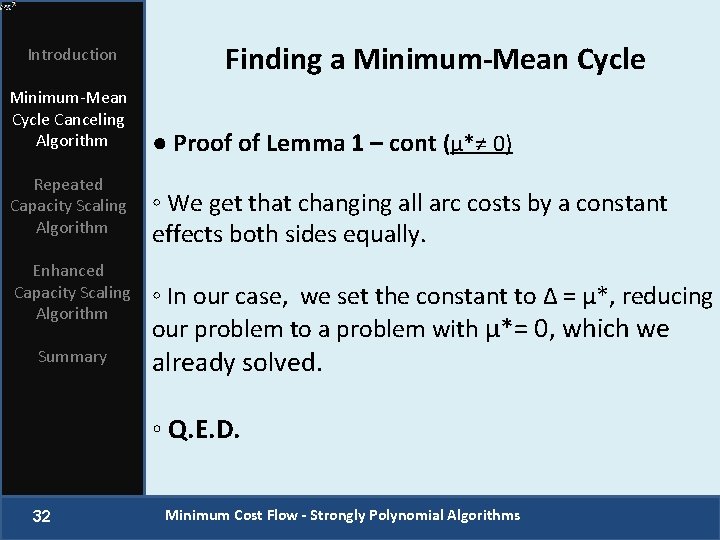 Introduction Minimum-Mean Cycle Canceling Algorithm Repeated Capacity Scaling Algorithm Enhanced Capacity Scaling Algorithm Summary