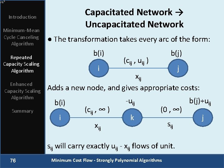 Capacitated Network → Uncapacitated Network Introduction Minimum-Mean Cycle Canceling Algorithm Repeated Capacity Scaling Algorithm